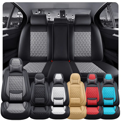 5-Seater Premium Nappa Leather 3D Diamond Quilted Car Seat Cover with Headrest and Lumbar Pillow, Breathable, for All Seasons