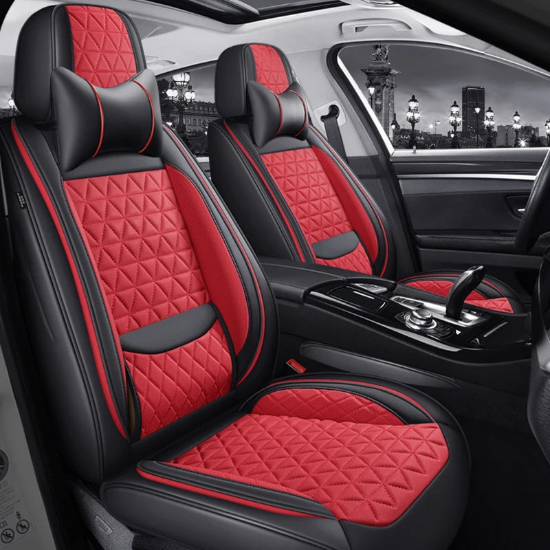 5-Seater Premium Nappa Leather 3D Diamond Quilted Car Seat Cover with Headrest and Lumbar Pillow, Breathable, for All Seasons