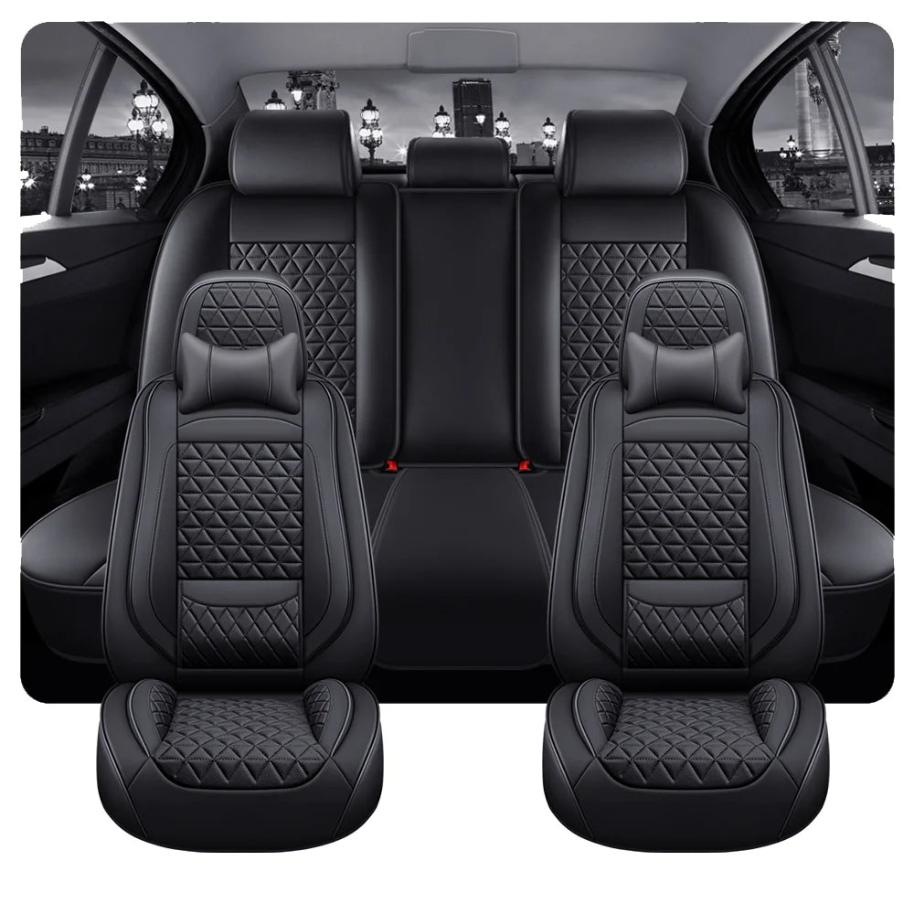 5-Seater Premium Nappa Leather 3D Diamond Quilted Car Seat Cover with Headrest and Lumbar Pillow, Breathable, for All Seasons