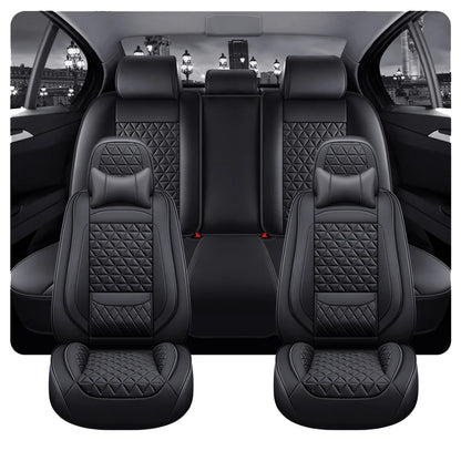 5-Seater Premium Nappa Leather 3D Diamond Quilted Car Seat Cover with Headrest and Lumbar Pillow, Breathable, for All Seasons