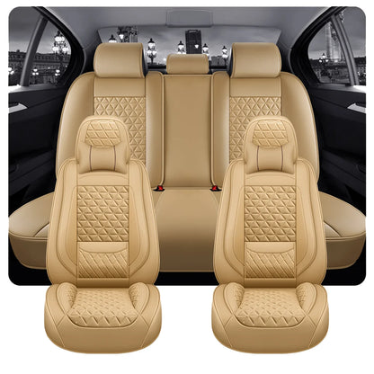 5-Seater Premium Nappa Leather 3D Diamond Quilted Car Seat Cover with Headrest and Lumbar Pillow, Breathable, for All Seasons