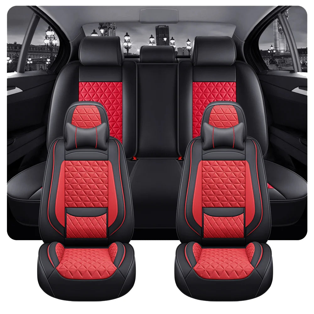 5-Seater Premium Nappa Leather 3D Diamond Quilted Car Seat Cover with Headrest and Lumbar Pillow, Breathable, for All Seasons