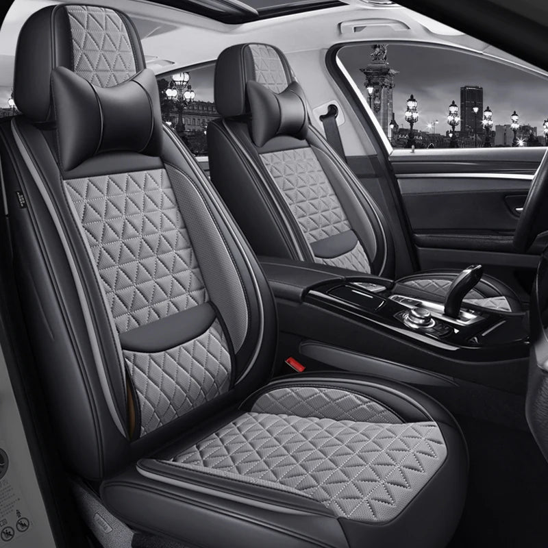5-Seater Premium Nappa Leather 3D Diamond Quilted Car Seat Cover with Headrest and Lumbar Pillow, Breathable, for All Seasons