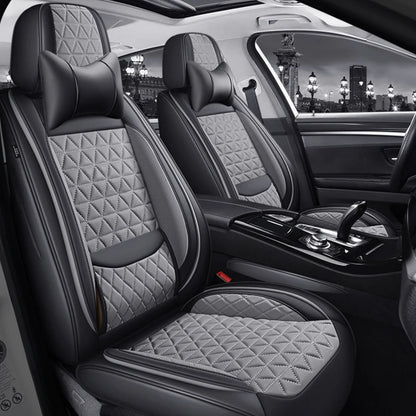 5-Seater Premium Nappa Leather 3D Diamond Quilted Car Seat Cover with Headrest and Lumbar Pillow, Breathable, for All Seasons