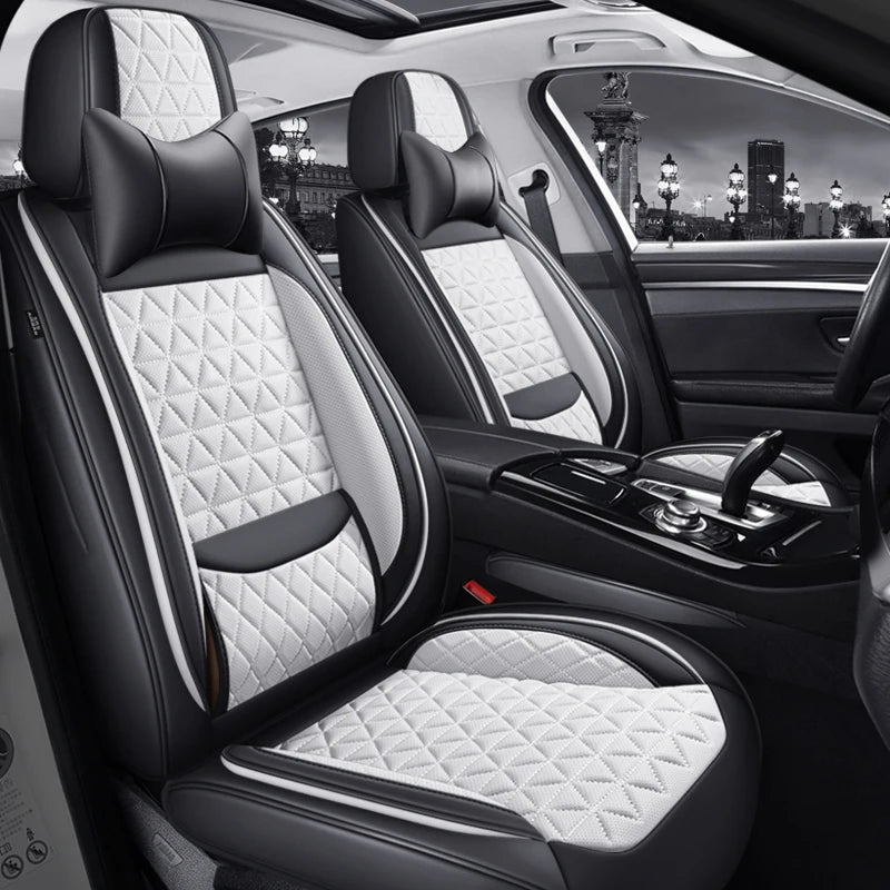5-Seater Premium Nappa Leather 3D Diamond Quilted Car Seat Cover with Headrest and Lumbar Pillow, Breathable, for All Seasons