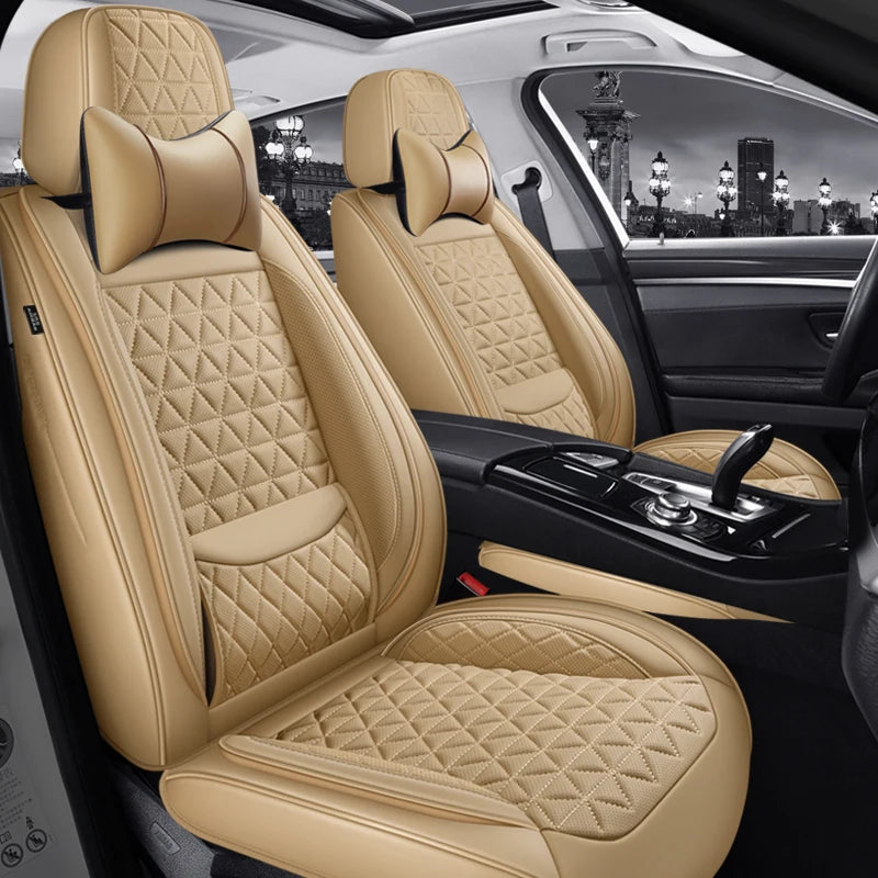 5-Seater Premium Nappa Leather 3D Diamond Quilted Car Seat Cover with Headrest and Lumbar Pillow, Breathable, for All Seasons