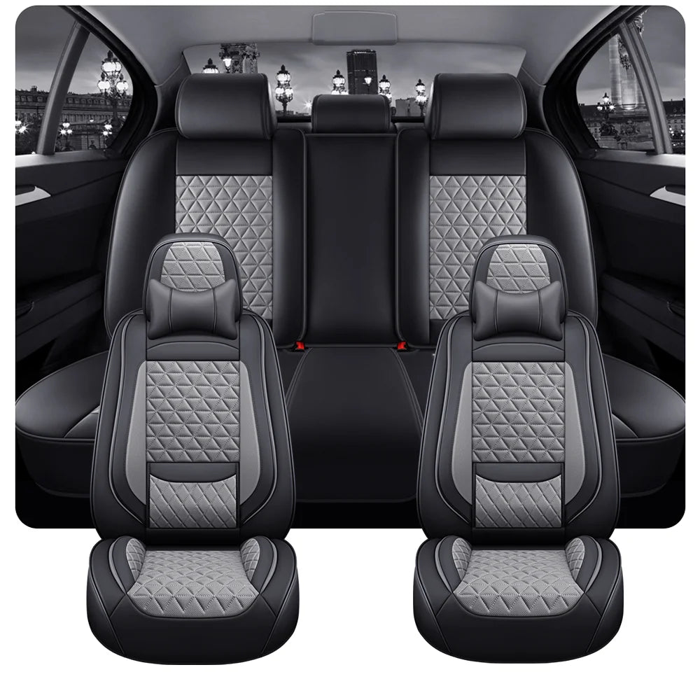 5-Seater Premium Nappa Leather 3D Diamond Quilted Car Seat Cover with Headrest and Lumbar Pillow, Breathable, for All Seasons